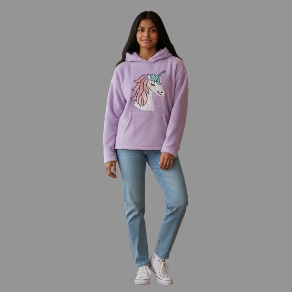 BCBG Girls Purple Lavender Sequin Plush Fleece Unicorn Hoodie Large 14/16 NWT